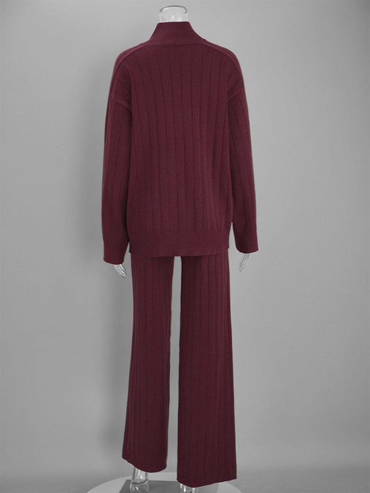 Green Wide-Leg Relaxed Knitted Two-Piece Set — view 4