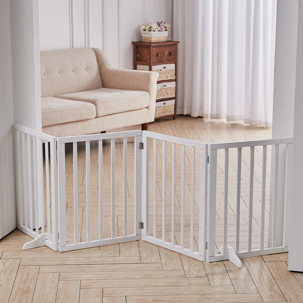 4-Panel Wooden Folding Pet Playpen Freestanding Dog Safety Gate