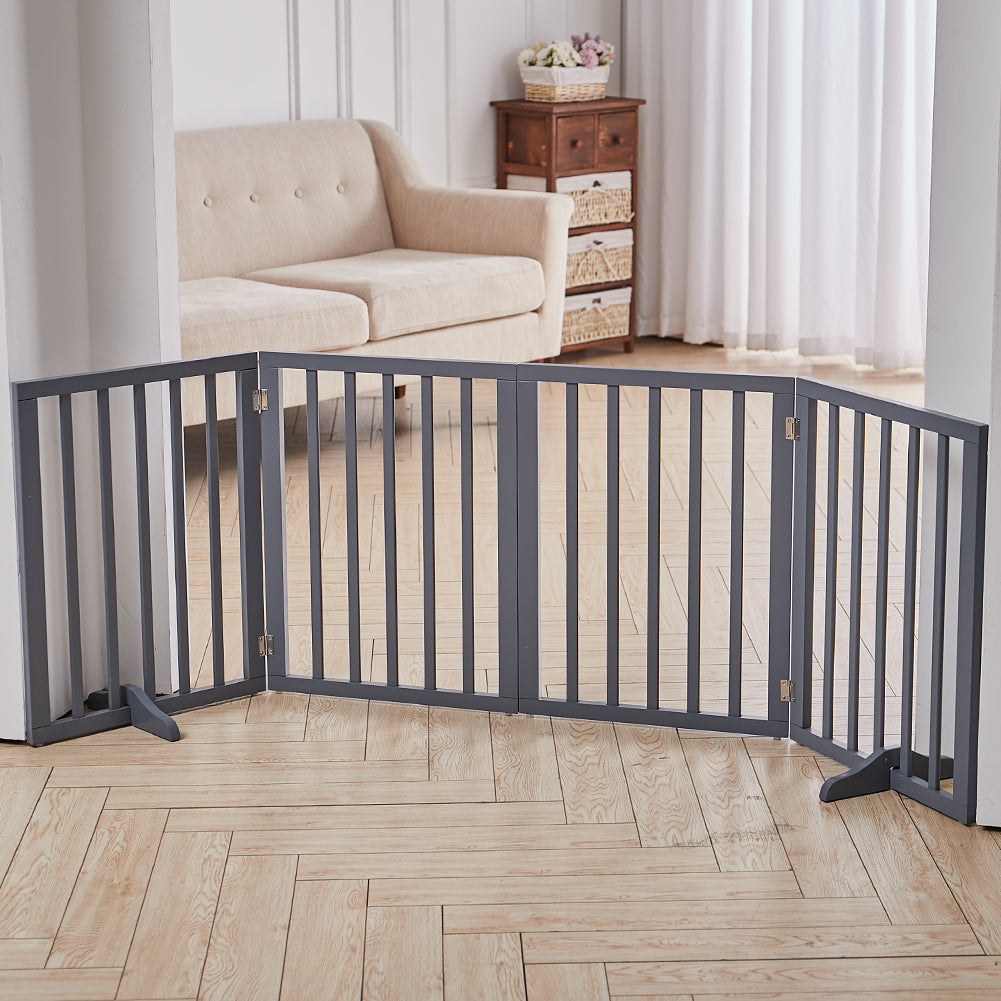 4-Panel Wooden Folding Pet Playpen Freestanding Dog Safety Gate