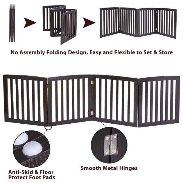 Shopllo 24" Foldable Pet Gate - 4-Panel Wooden Dog Fence, Brown