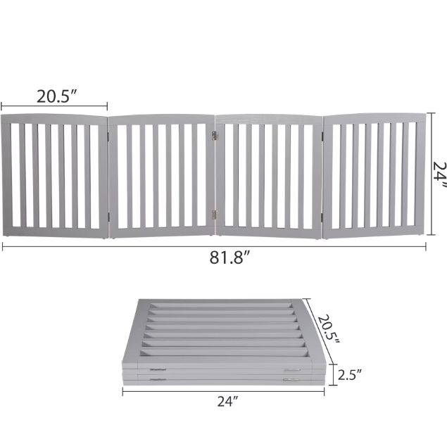 Shopllo 24" Foldable Pet Gate - 4-Panel Wooden Dog Fence, Light Gray