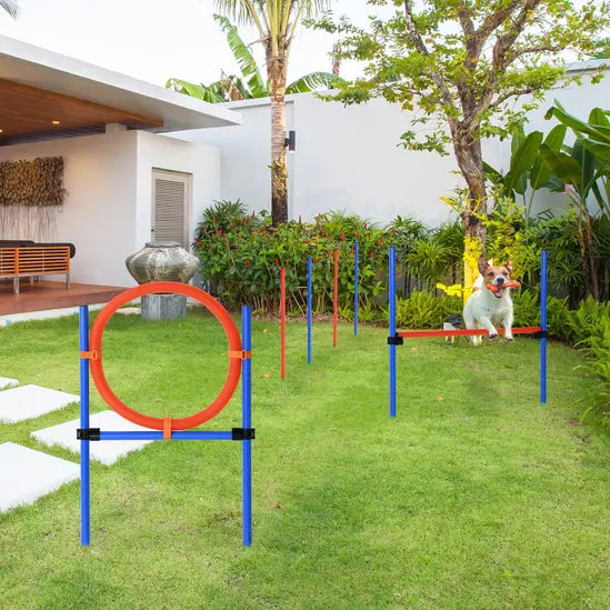 Dog Agility Training Kit Pet Obstacle Course Set with Jump Hoop Hurdles Weave Poles