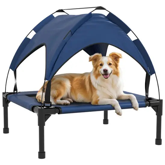 Elevated Cooling Dog Bed with Canopy Breathable Mesh Raised Outdoor Pet Cot Blue