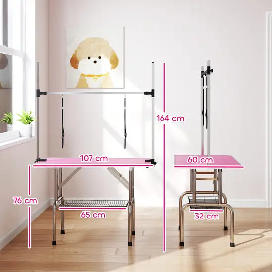 Professional Heavy Duty Dog Grooming Table Adjustable Arm Non-Slip Pink 100kg Max