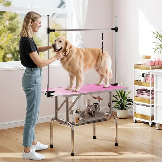 Professional Heavy Duty Dog Grooming Table Adjustable Arm Non-Slip Pink 100kg Max