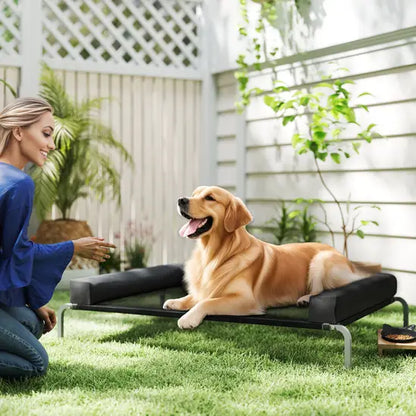 Elevated Cooling Dog Bed with Bolster Pillow Raised Mesh Pet Cot Black 10kg Max