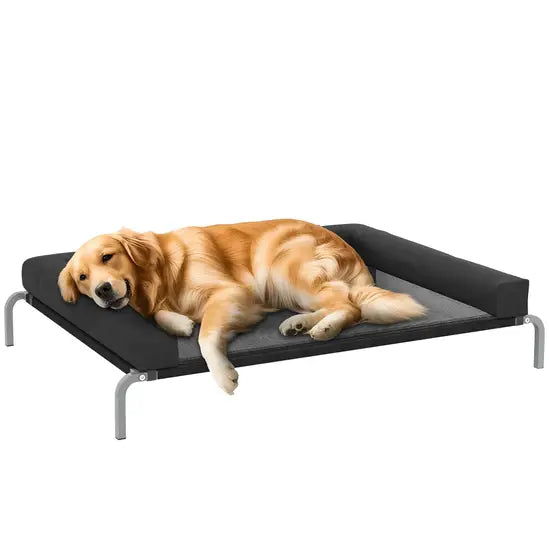 Elevated Cooling Dog Bed with Bolster Pillow Raised Mesh Pet Cot Black 10kg Max